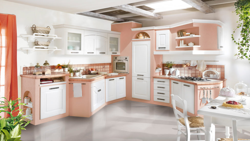 nadem cucina in muratura, muretti rosa antico e anta modello fiamma